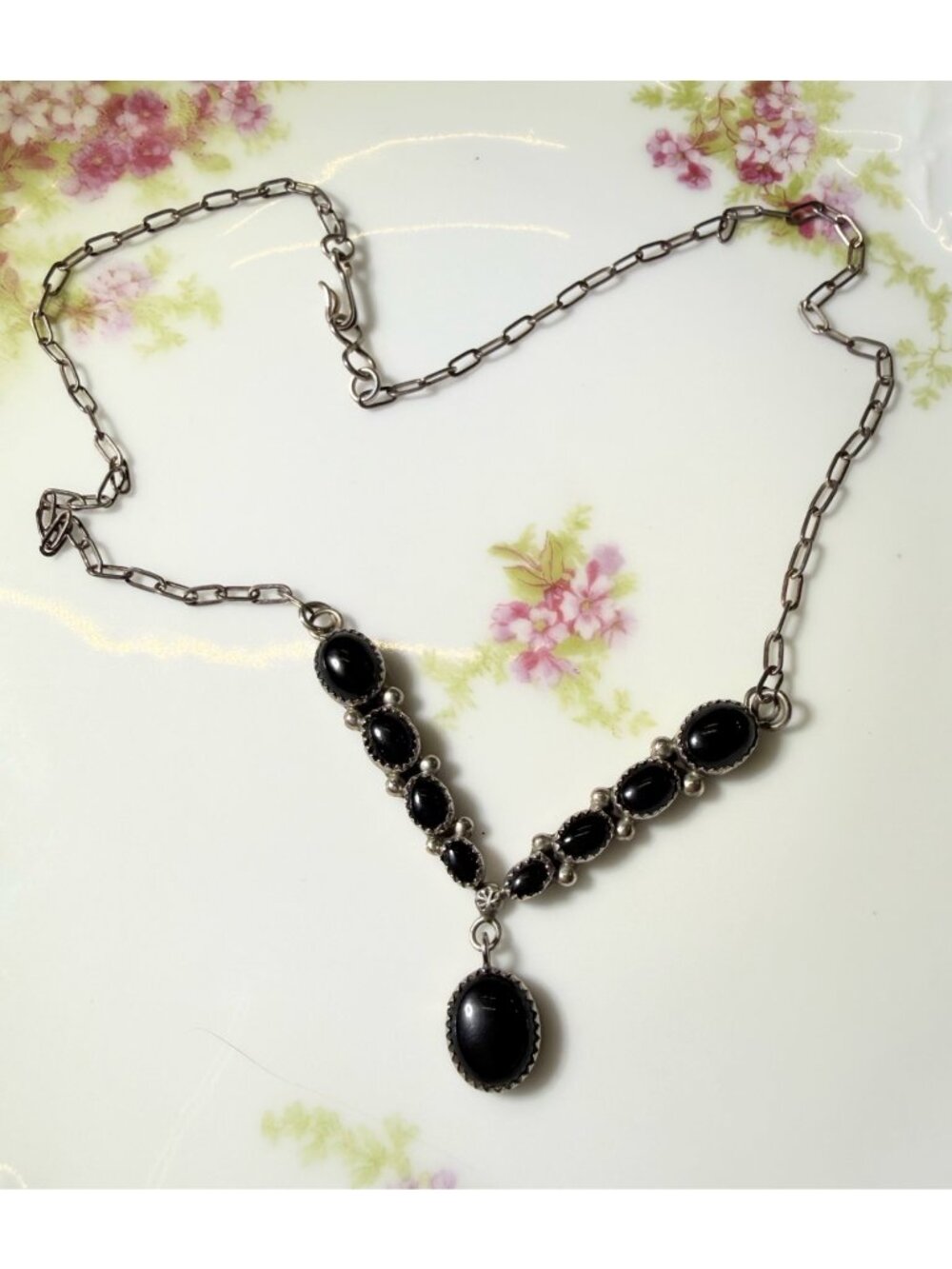 Vintage 60's Native American Black Onyx Sterling Necklace Signed KE